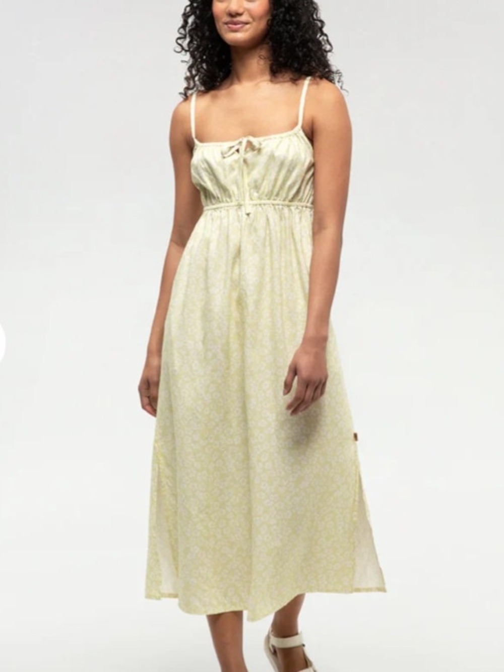 Light Yellow Floral Spaghetti-Strap Midi Dress